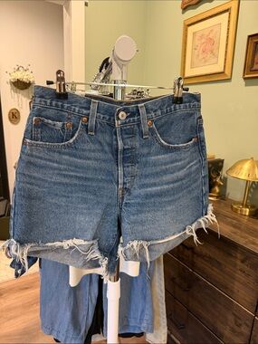 Levi's Medium Blue Distressed Rolled-Hem Jean Shorts